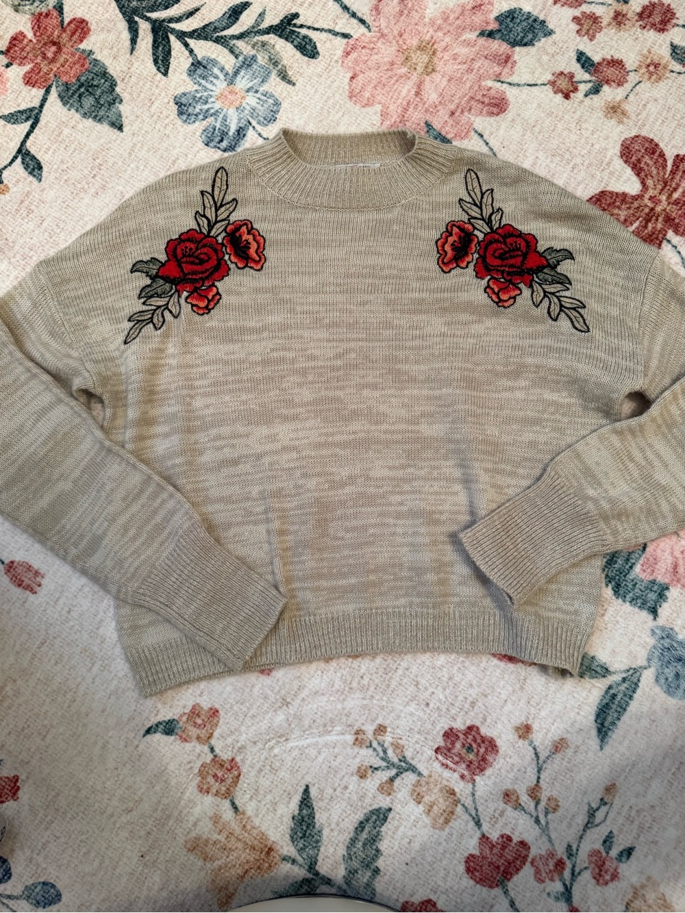 Embroidered Rose Taupe Crewneck Sweater